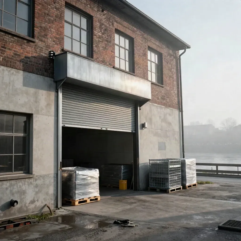 Capannone industriale torinese con saracinesca che si alza nella nebbia