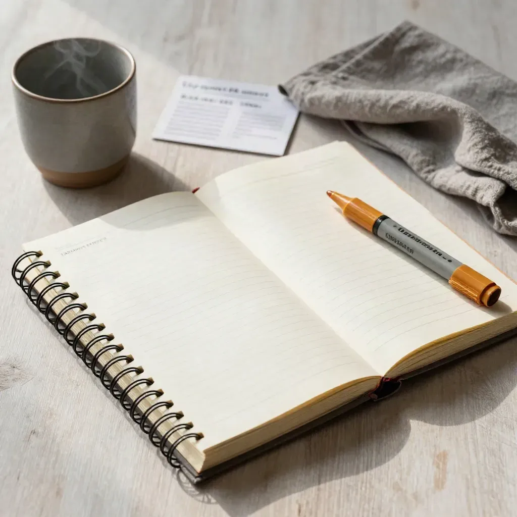 Workbook di formazione con divisori colorati, evidenziatore e tazza su legno chiaro.