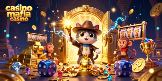Engage with the vibrant scene of the casino mafia casino featuring treasured artifacts, slot reels, and animated characters.
