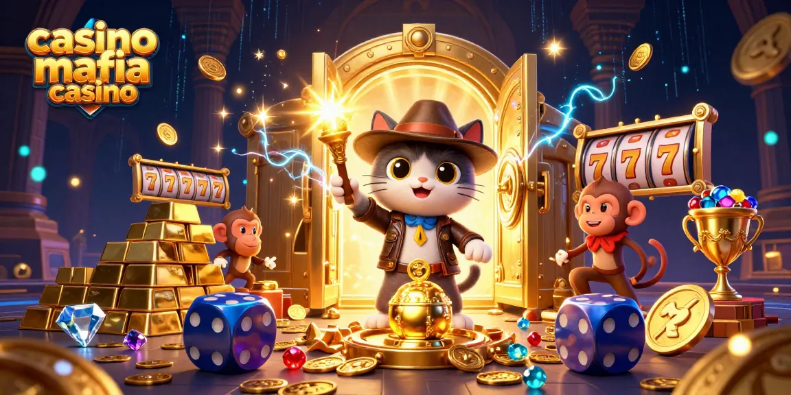 Engage with the vibrant scene of the casino mafia casino featuring treasured artifacts, slot reels, and animated characters.
